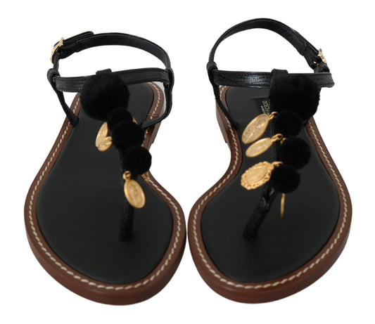 Dolce & Gabbana Schwarzes Leder Münzen Flip Flops Sandalen Schuhe