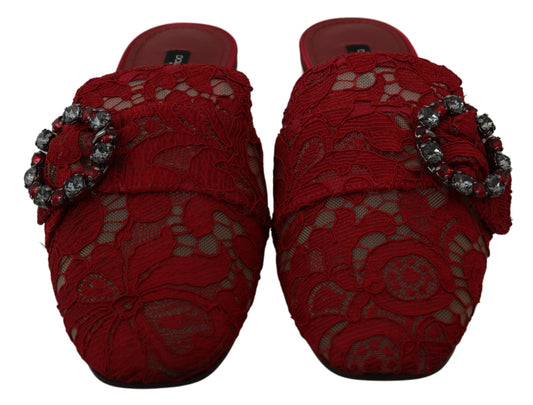 Dolce & Gabbana Rote Spitze Kristall Slide On Flats Schuhe