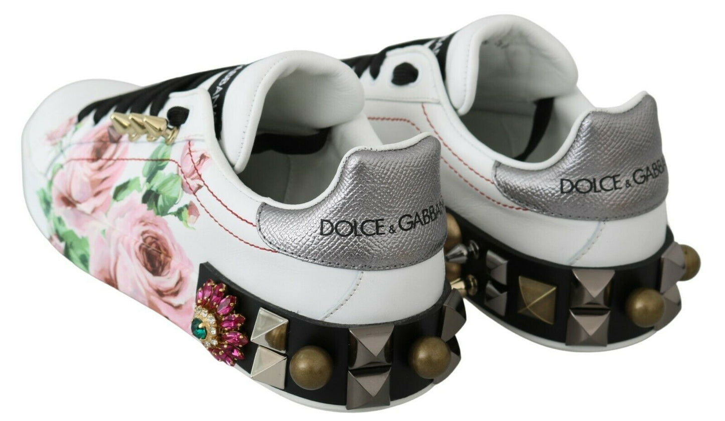 Dolce & Gabbana Weißes Leder Kristall Rosen Floral Turnschuhe Schuhe