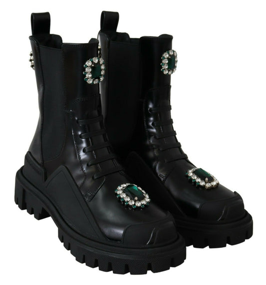 Dolce & Gabbana Schwarze Leder-Kristall-Kampfstiefel