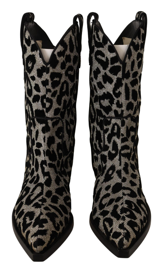 Dolce & Gabbana Grau Schwarz Leopard Cowboy Stiefel Schuhe