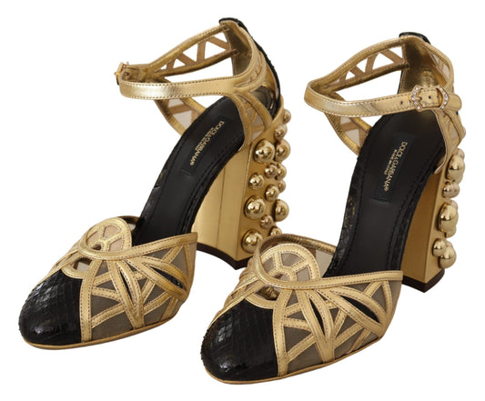 Dolce & Gabbana Schwarz Gold Leder Nieten Riemchen Schuhe