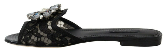 Dolce & Gabbana Schwarz Taormina Spitze Slides Kristalle Flats Schuhe