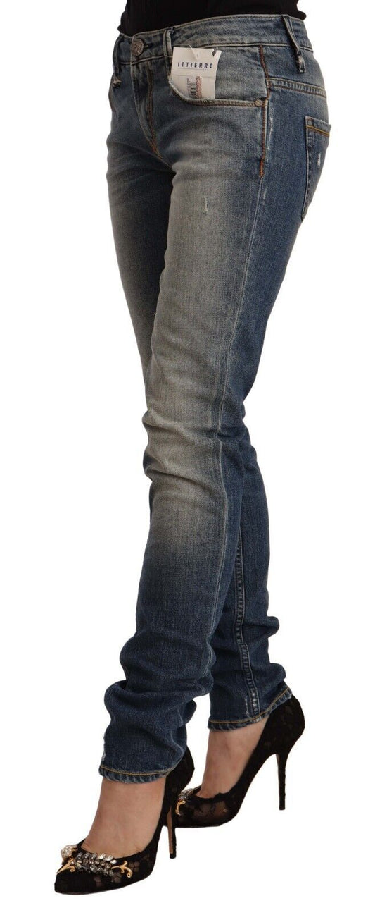 Acht Blaue Skinny Denim-Jeans aus gewaschener Baumwolle mit mittlerer Taille