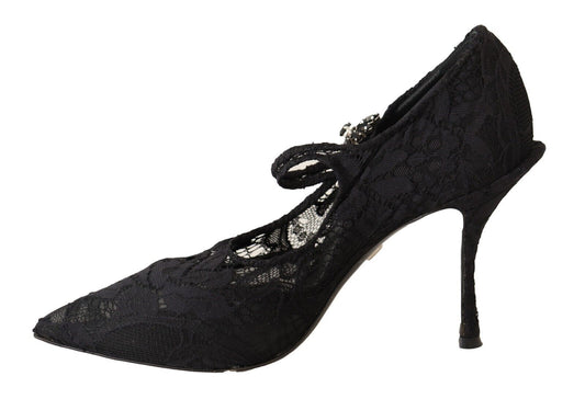Dolce & Gabbana Schwarz Spitze Kristalle Heels Mary Jane Pumps Schuhe