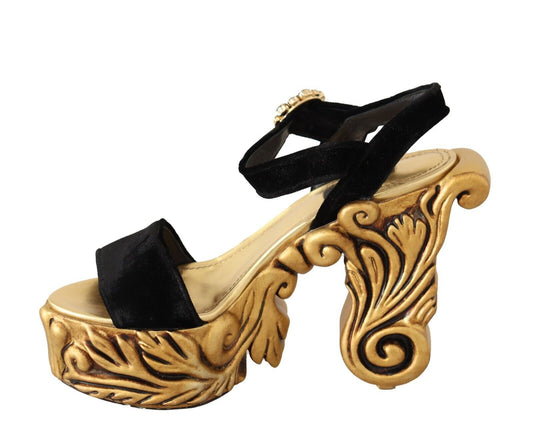 Dolce & Gabbana Schwarz Gold Barock Samt Heels Kristall Schuhe