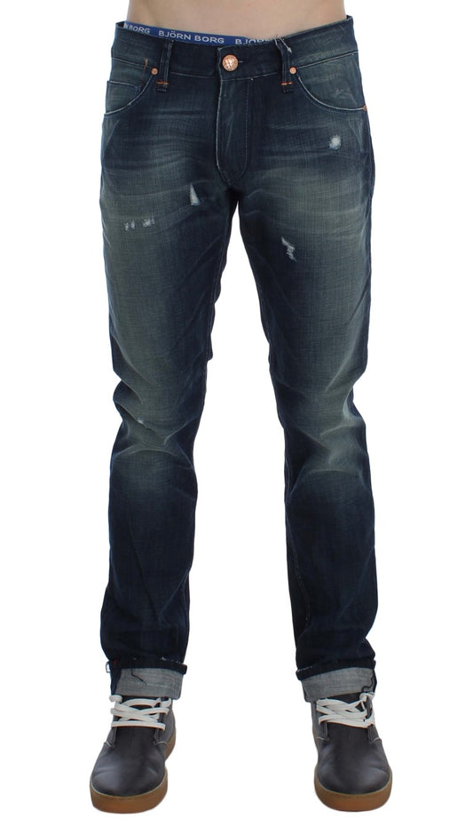 Acht Blaue Waschung Baumwolle Denim Slim Fit Jeans