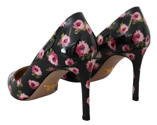 Prada Schwarzes Leder Floral Heels Stilettos Pumps