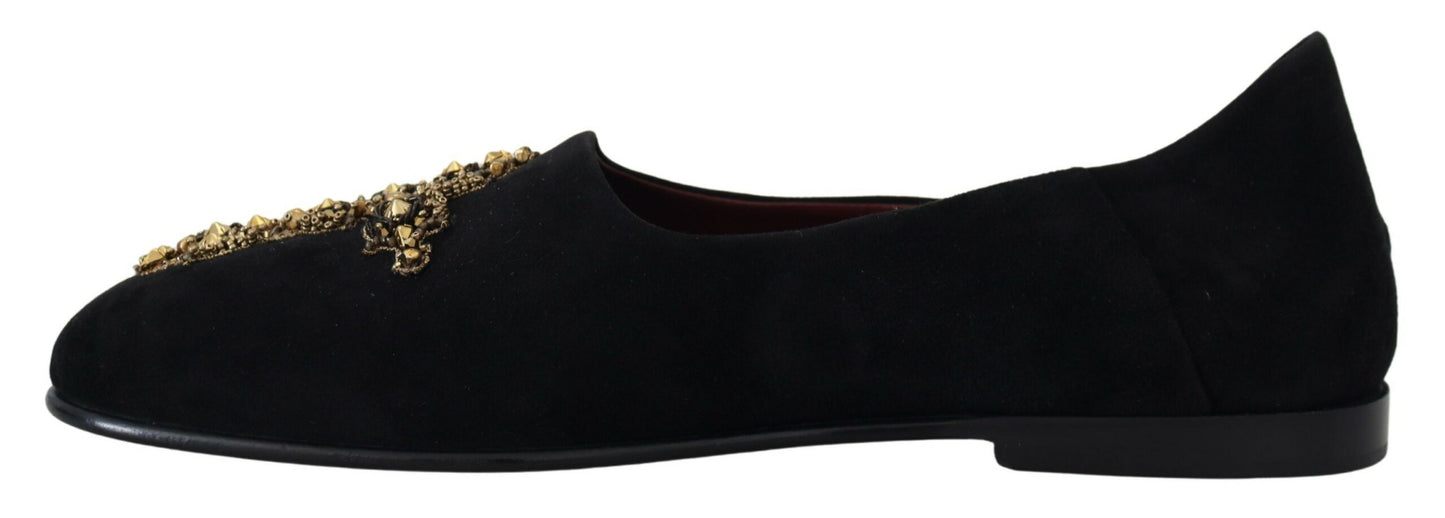 Dolce & Gabbana Schwarz Wildleder Gold Kreuz Slip On Loafers Schuhe