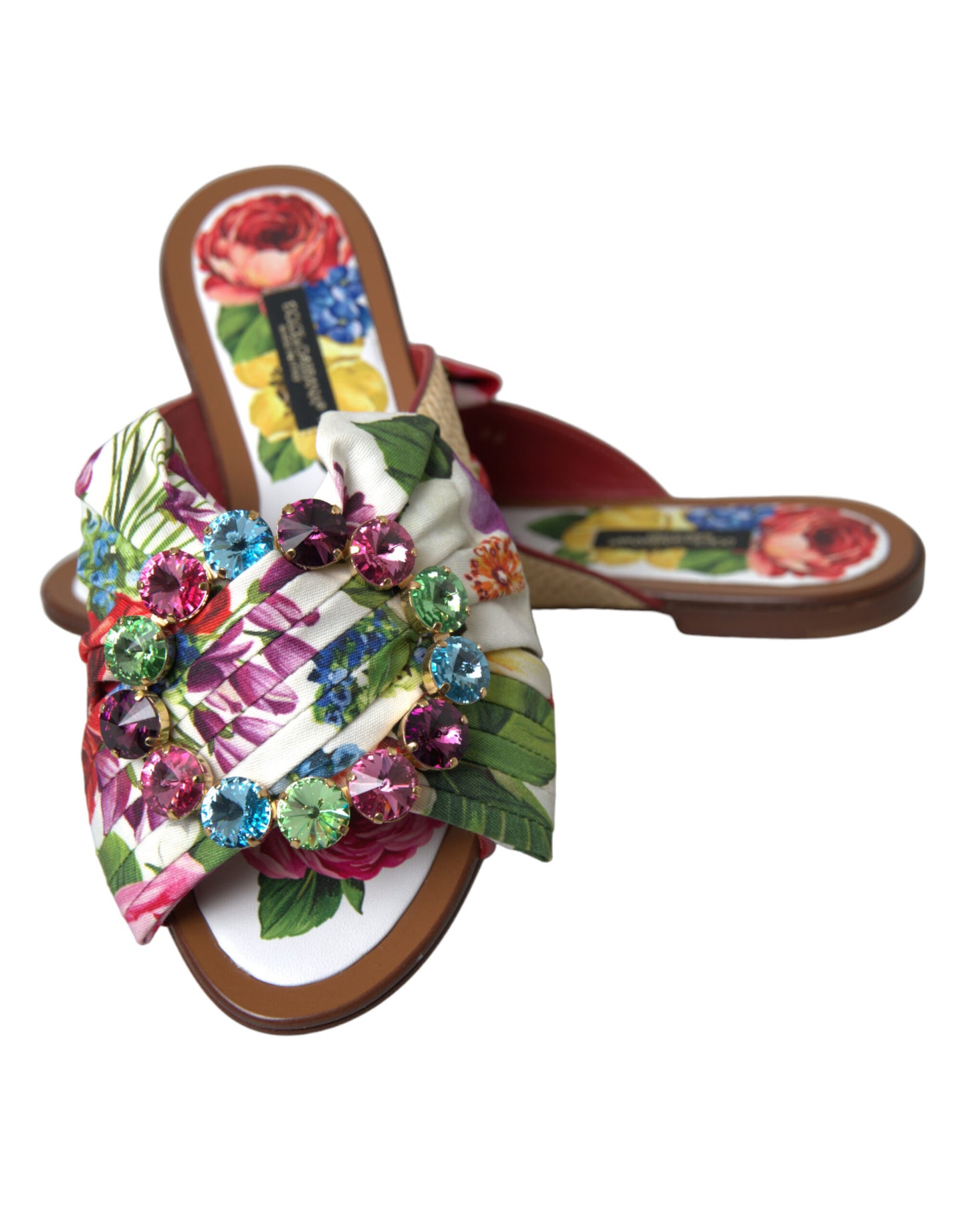 Dolce & Gabbana Multicolor Floral Flats Kristall Sandalen Schuhe
