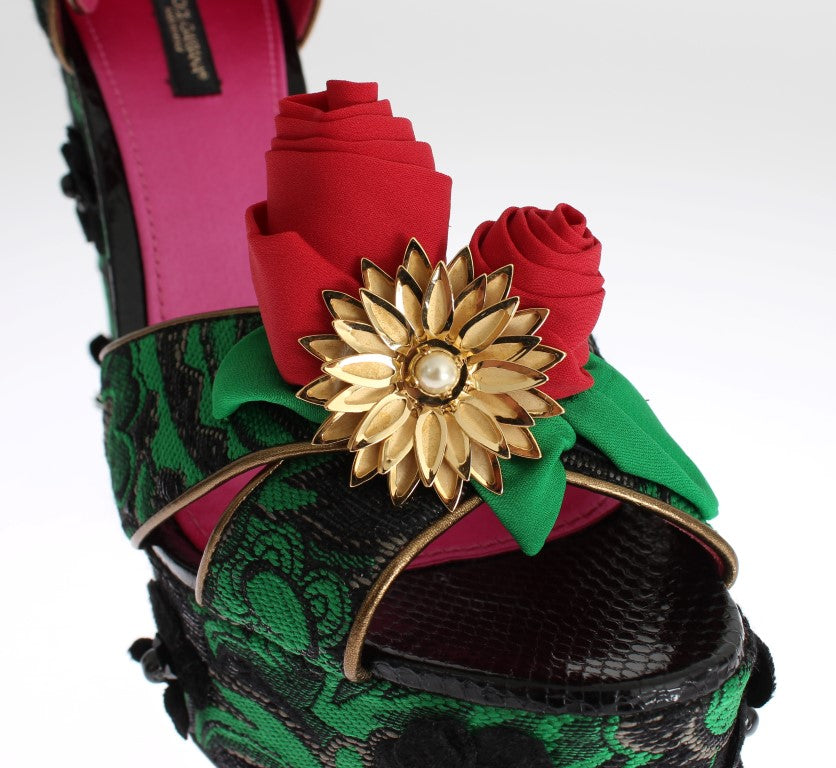 Dolce & Gabbana Grüner Brokat Schlangenleder Rosen Kristall Schuhe