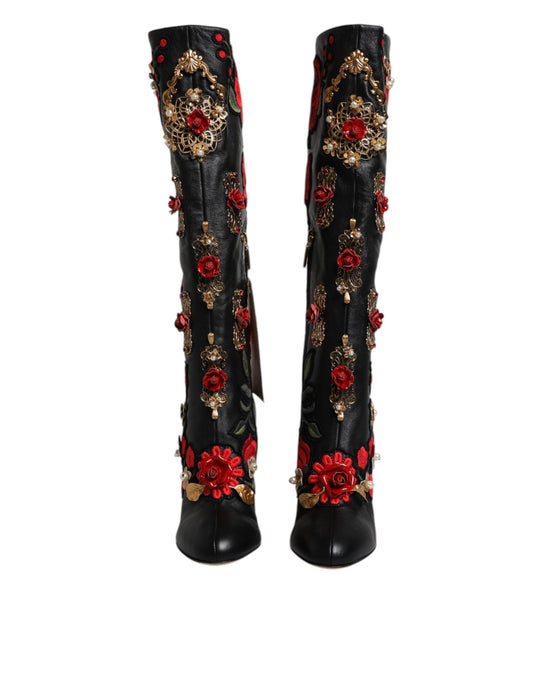 Dolce & Gabbana Schwarz Rosen verschönert Lederabsatz Stiefel Schuhe