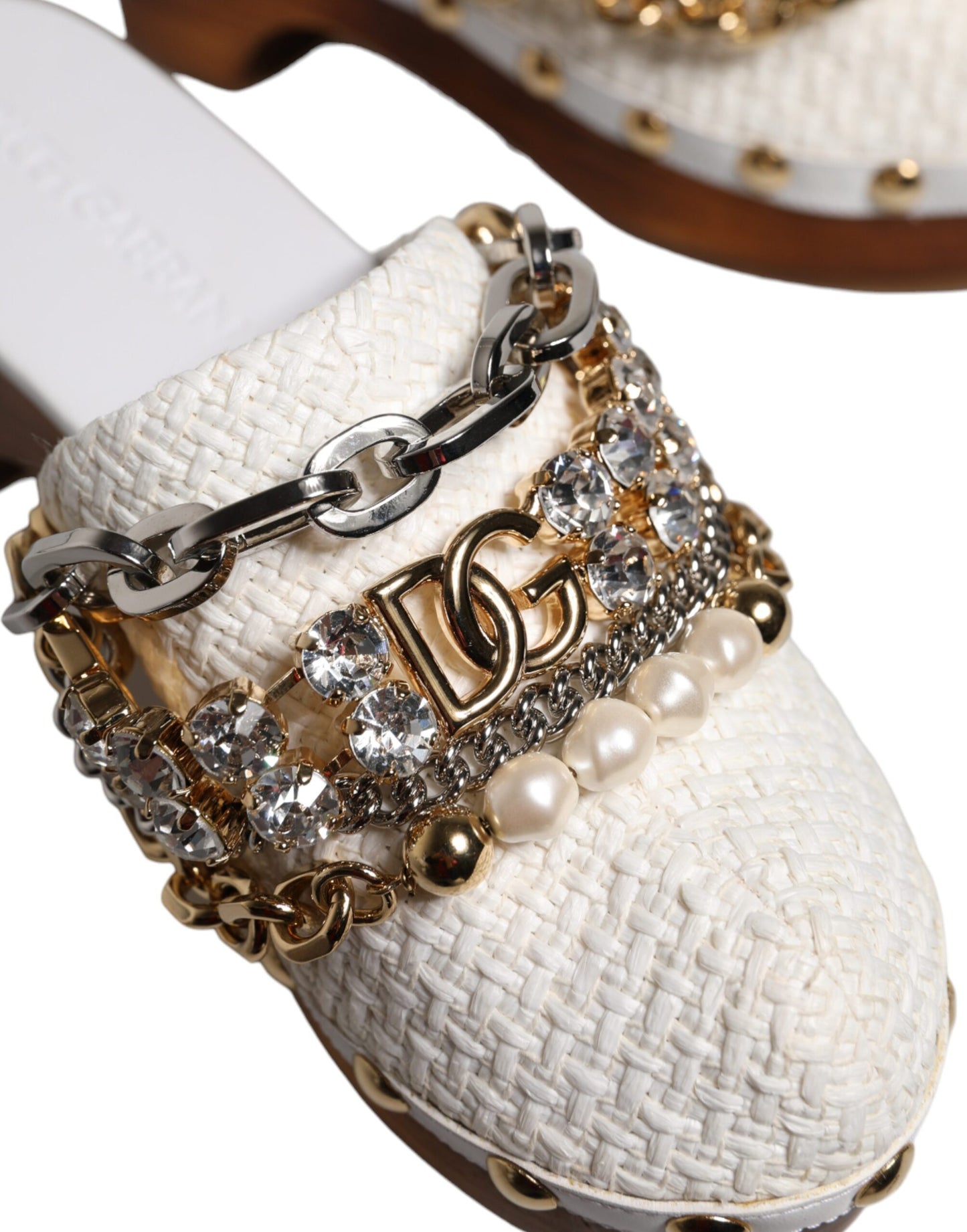 Dolce & Gabbana Weiß Raffia Clogs Bejeweled Kette Sandalen Schuhe