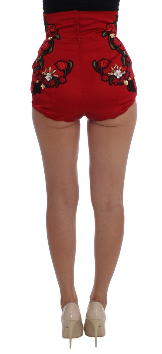 Dolce & Gabbana Rote Seidenkristallrosen Shorts
