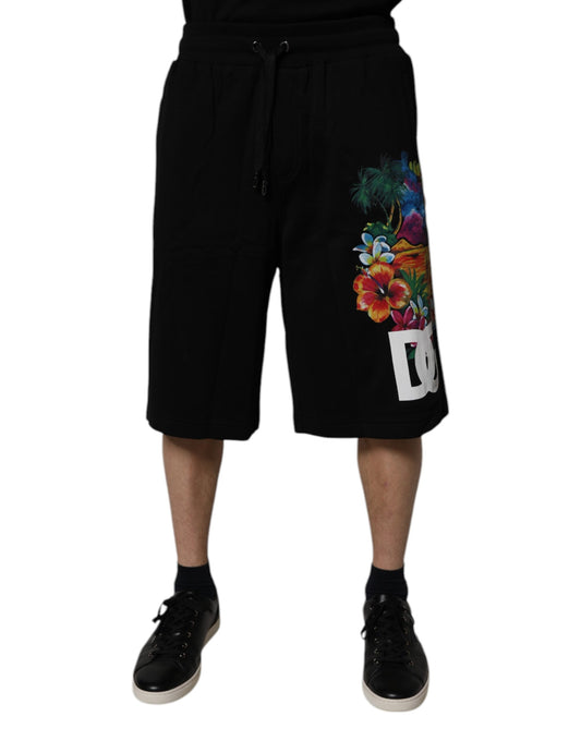 Dolce & Gabbana Schwarze Bermudashorts aus Baumwolle mit Logo und Blumendruck