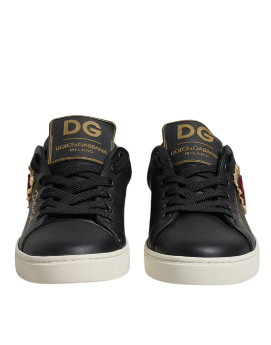 Dolce & Gabbana Schwarz Leder Gold Rot Herz Turnschuhe Schuhe