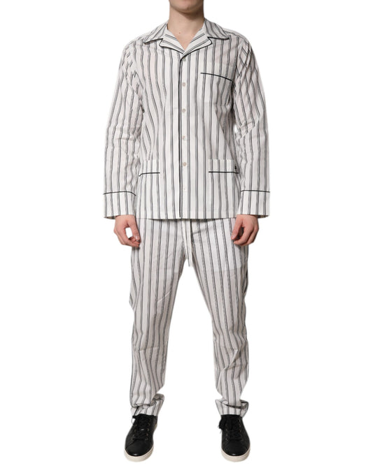 Dolce & Gabbana Weiß Schwarz Streifen Baumwolle Männer Pyjama Set Nachtwäsche