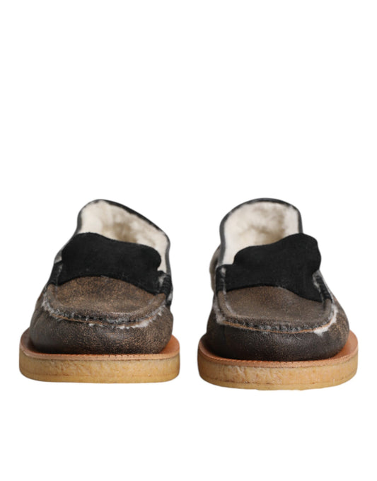 Dolce & Gabbana Braun Weiß Kalbsleder Loafers Schuhe