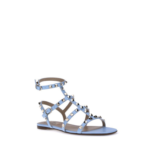 Valentino Garavani Hellblaue Kalbsleder Bos Taurus Flache Sandalen