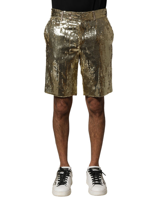 Dolce & Gabbana Goldfarbene Bermudashorts aus Polyester mit Paillettenverzierung