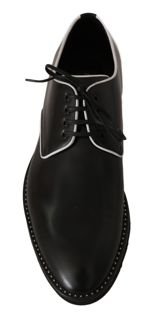 Dolce & Gabbana Schwarzes Leder Weiße Linie Kleid Derby Schuhe