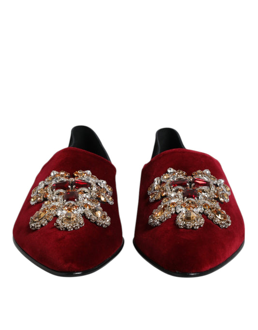 Dolce & Gabbana Schwarzer roter Samt verschönert Slip On Schuhe