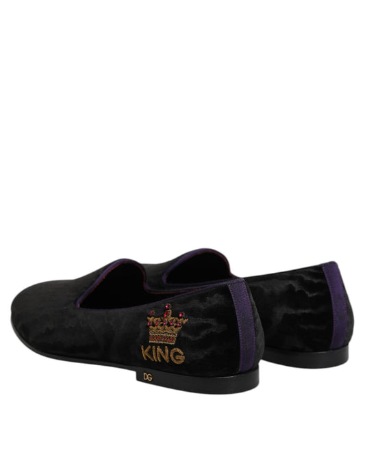 Dolce & Gabbana Schwarz DG Crown Stickerei Loafers Slip On Schuhe