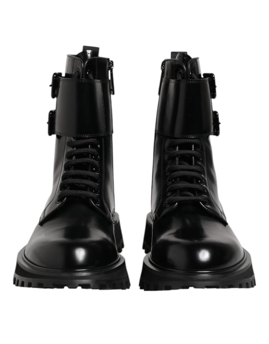 Dolce & Gabbana Schwarze Leder Schnürstiefel mit mittlerer Wade