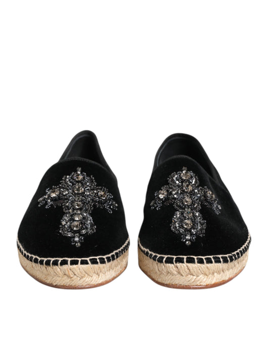 Dolce & Gabbana Schwarzes Kreuz Kristall Slip On Espadrille Schuhe
