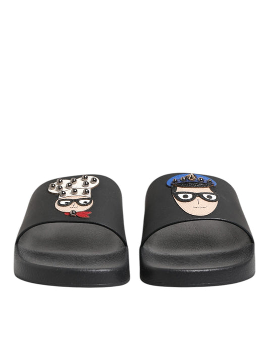 Dolce & Gabbana Schwarze Leder Slides Flats Beachwear Schuhe