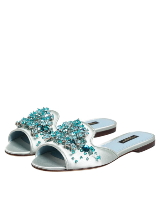 Dolce & Gabbana Silber blaue Leder Perlen verschönern Slide Schuhe