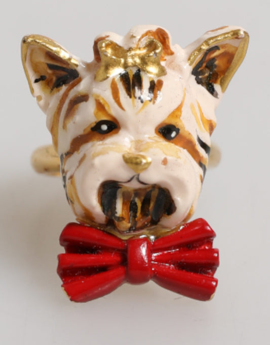 Dolce & Gabbana Gold Messing Harz Beige Hund Haustier Accessoire Ring
