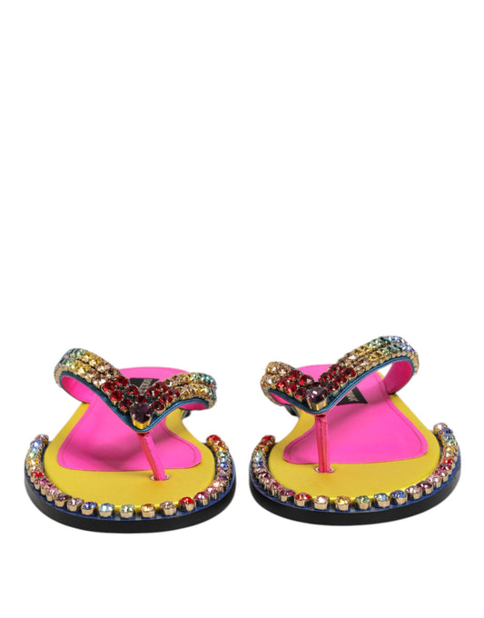 Dolce & Gabbana Multicolor Strass Flip Flop Flache Sandalen Schuhe