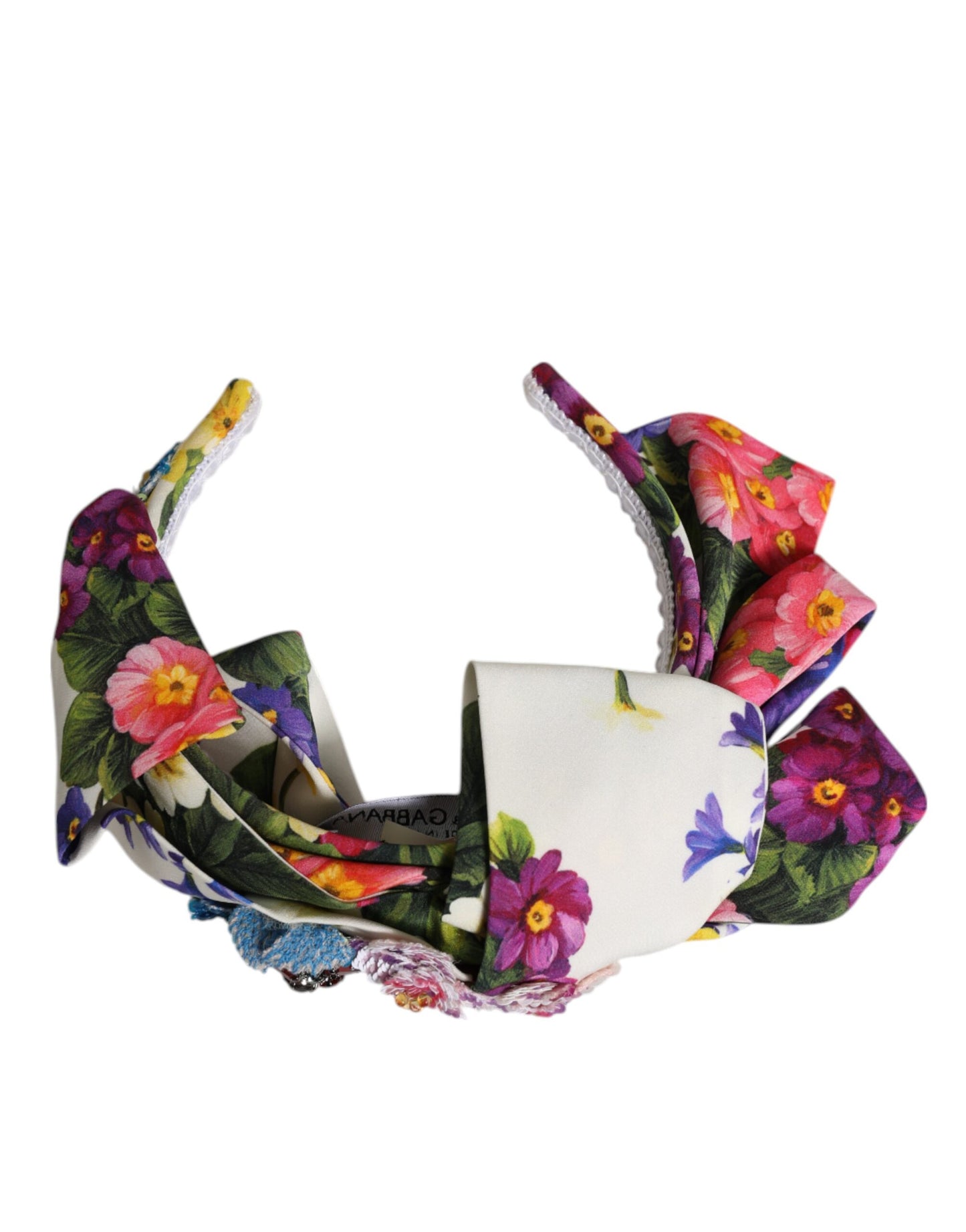 Dolce & Gabbana Weißes Multicolor Floral Silk Bow Crystal verschönertes Stirnband