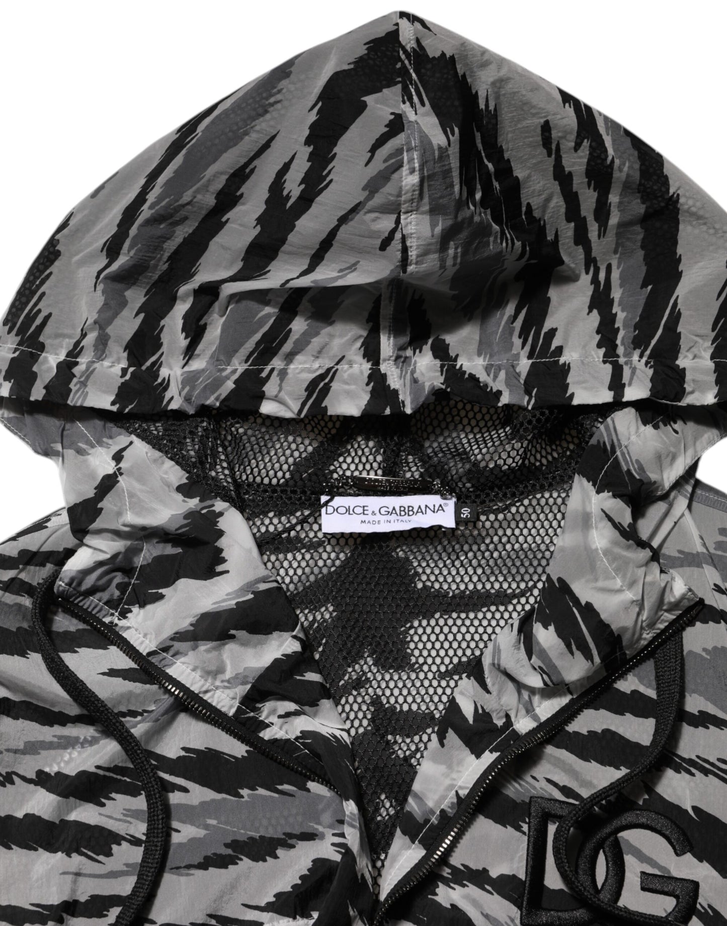 Dolce & Gabbana Graue Sweatshirt-Jacke mit Tarnmuster und Kapuze