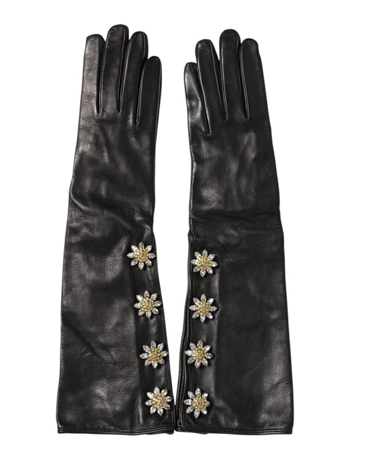 Dolce & Gabbana Schwarze Lederhandschuhe mit Verzierungen und langer Stulpe