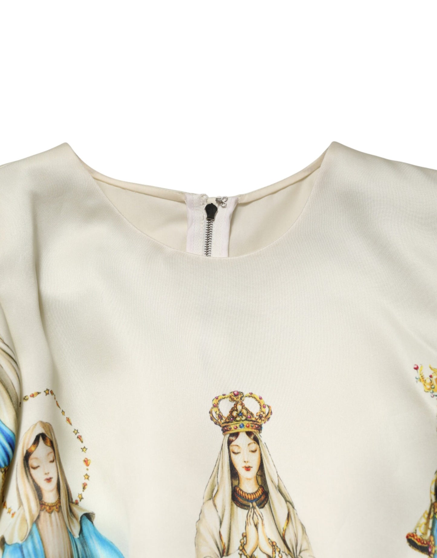 Dolce & Gabbana Beigefarbenes Madonnen-Print-Seidenkleid mit kurzen Ärmeln