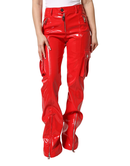 Dolce & Gabbana Rote, glänzende Polyester-Cargo-Bootcut-Hose