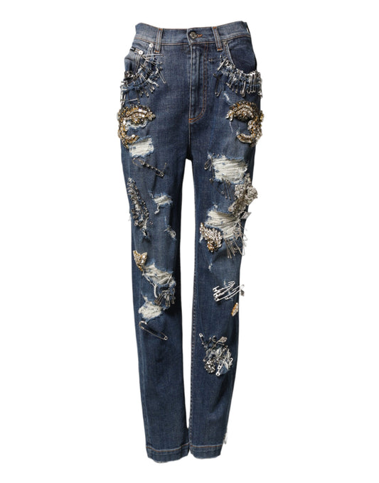 Dolce & Gabbana Blaue Baumwoll-Jeans mit Strass-Verzierungen