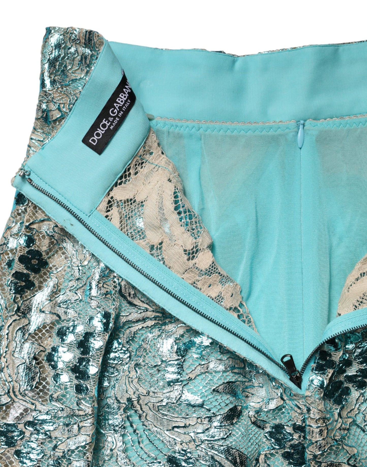 Dolce & Gabbana Blauer Blumen-Brocat Mini-Rock mit hohem Bund