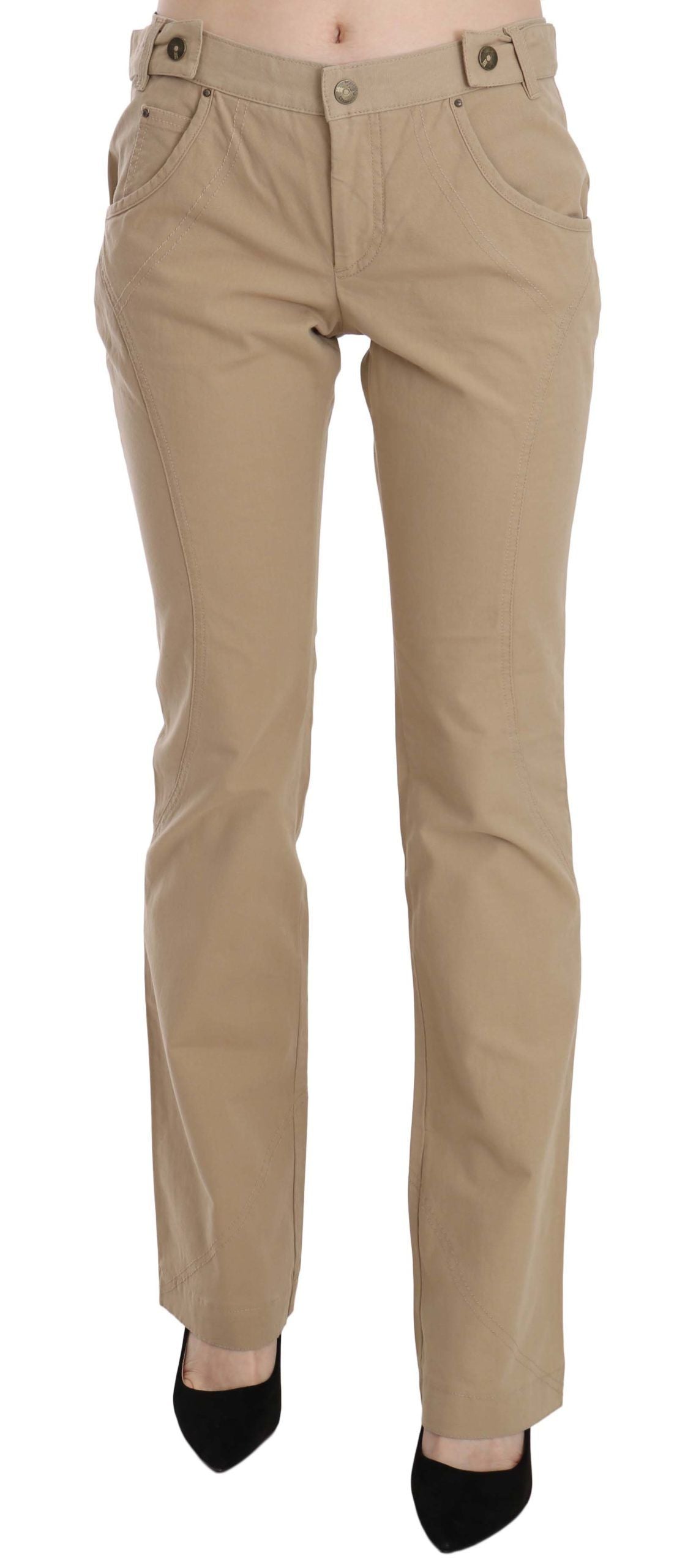 Just Cavalli Beige Cotton Mid Waist Straight Trousers Hosen