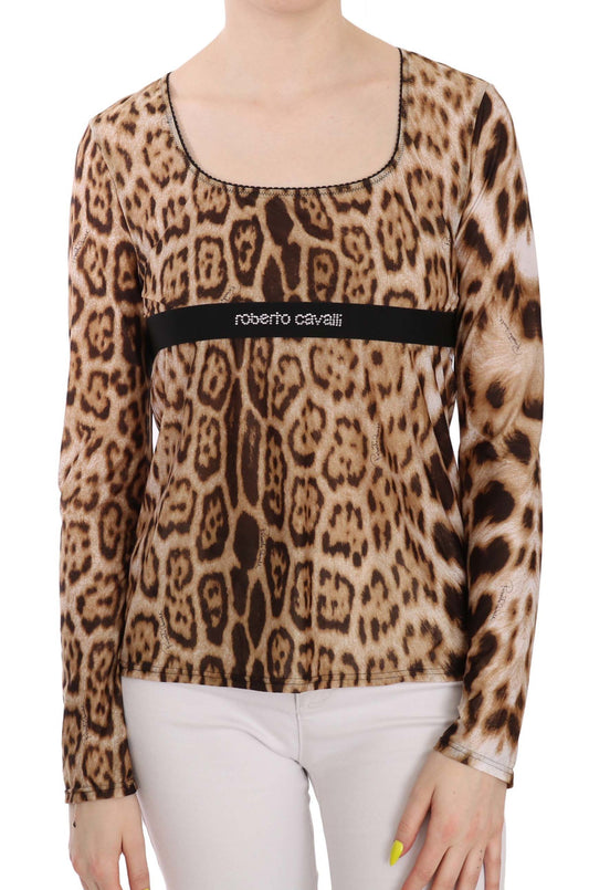 Roberto Cavalli Brauner Rundhalsausschnitt Leopard Damen Top Bluse