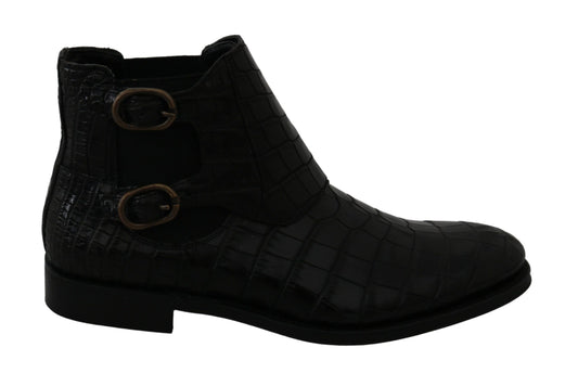 Dolce & Gabbana Schwarzes Krokodilleder Derby Stiefel Schuhe