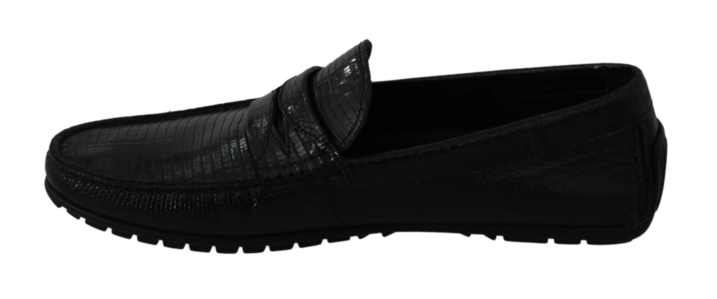 Dolce & Gabbana Schwarzes Eidechsenleder Flache Loafers Schuhe