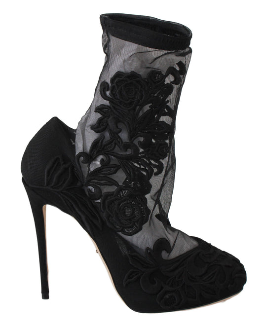 Dolce & Gabbana Schwarz Rosen Stilettos Booties Socken Schuhe