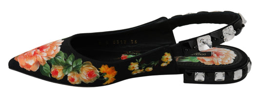 Dolce & Gabbana Schwarz Floral Kristall Slingbacks Flats Schuhe