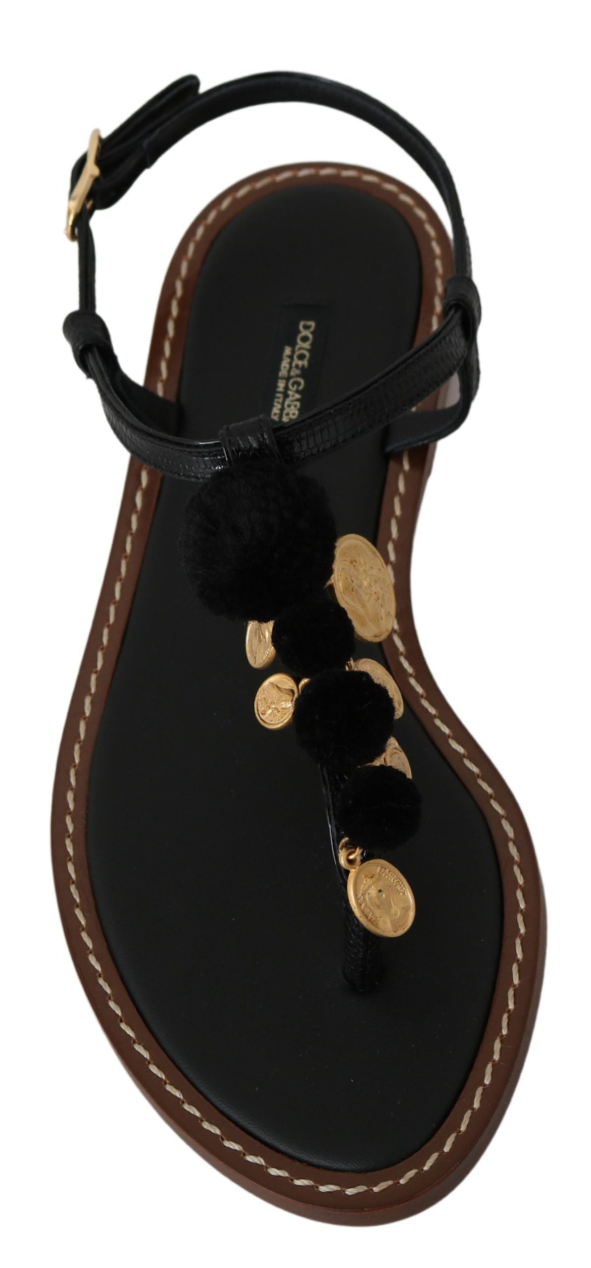 Dolce & Gabbana Schwarzes Leder Münzen Flip Flops Sandalen Schuhe
