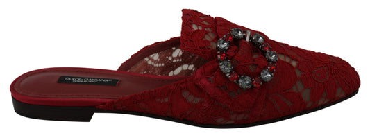 Dolce & Gabbana Rote Spitze Kristall Slide On Flats Schuhe