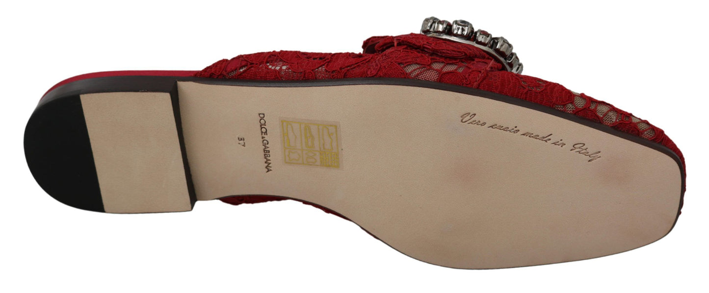 Dolce & Gabbana Rote Spitze Kristall Slide On Flats Schuhe