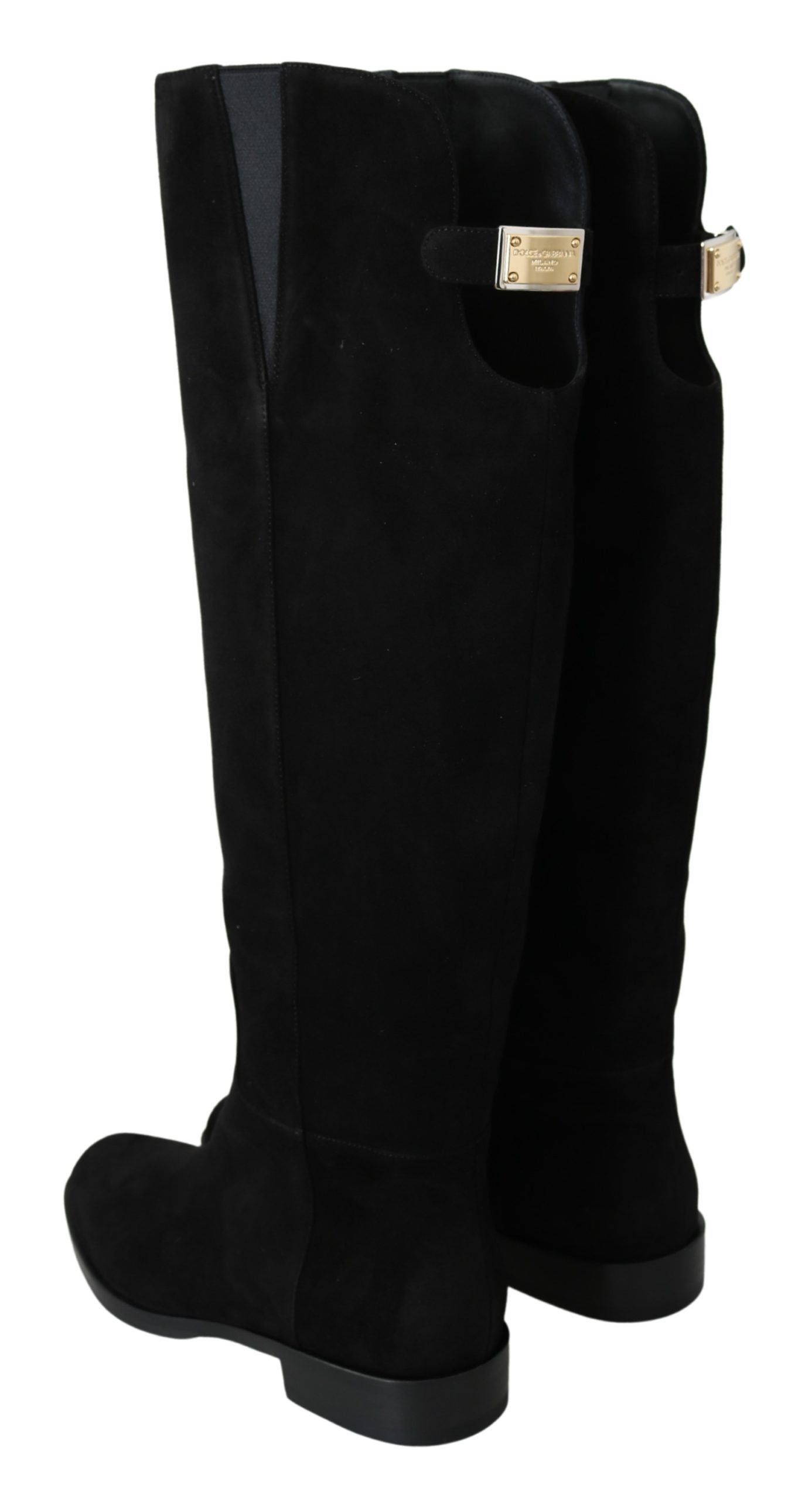 Dolce & Gabbana Schwarze kniehohe flache Wildlederstiefel Schuhe